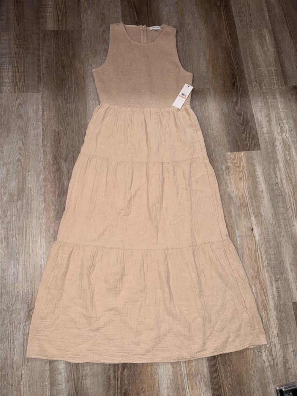 Calvin Klein Womens, Smocked Tiered Gauze Maxi, Latte, 12